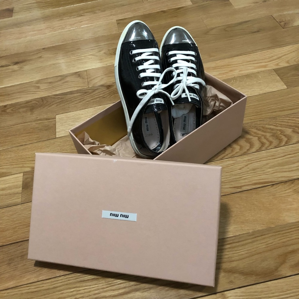 Barely Worn MiuMiu leather & metal black sneakers